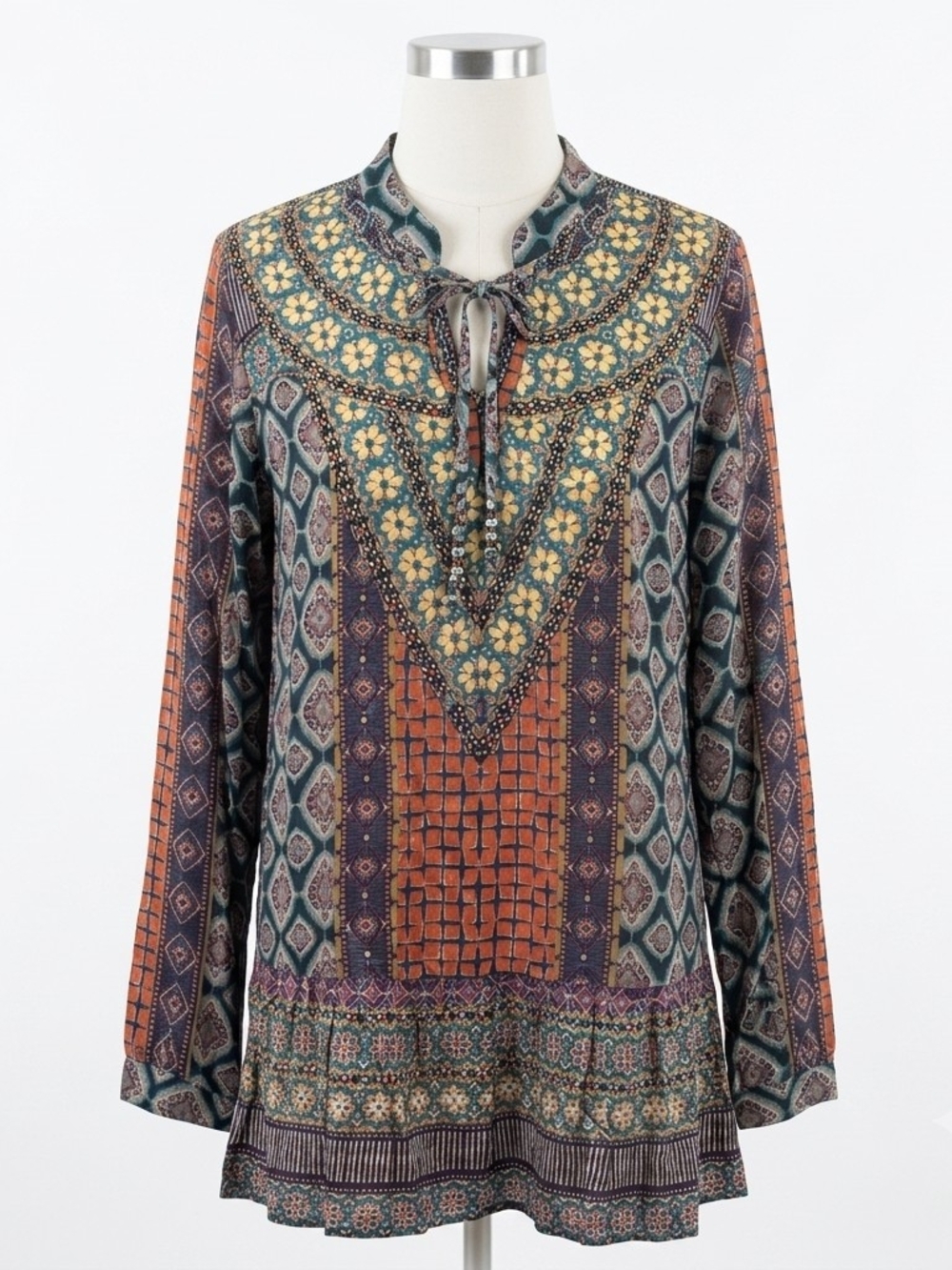 Tolani Boho Floral Patchwork Tie-Neck Tunic in Rust, Teal and Mustard